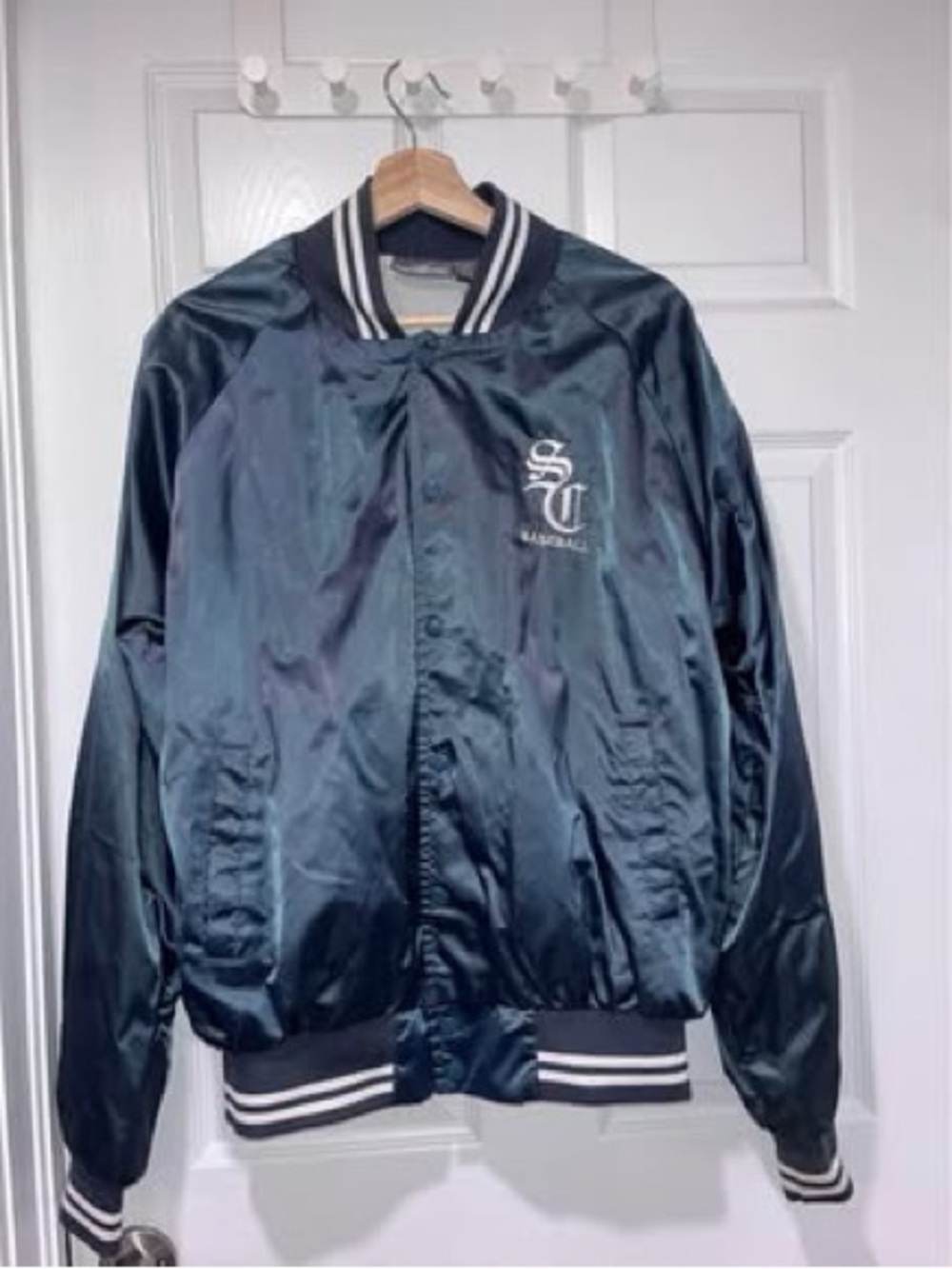 Vintage Satin Bomber Jacket with Striped Trim